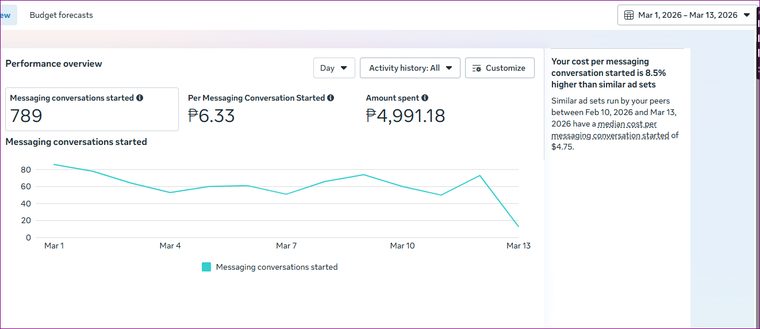 Client campaign: ₱6.33 per messaging conversation · 789 conversations · ₱4,991 spent (Mar 1–13)